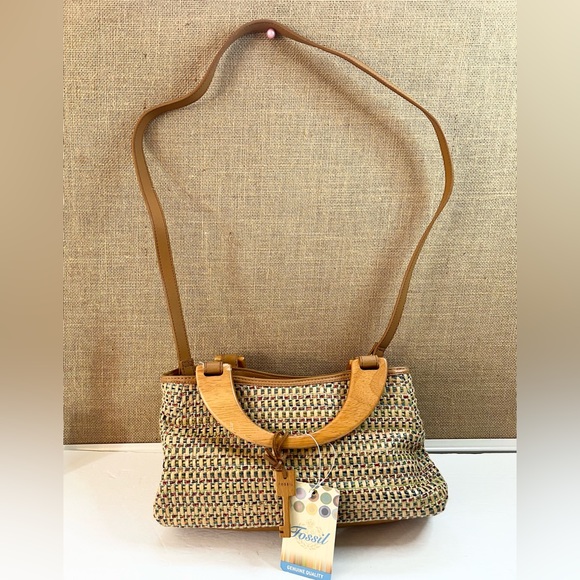 Vintage Fossil Purse Bag Satchel With Wooden Handles and Key Accessory - Picture 2 of 15